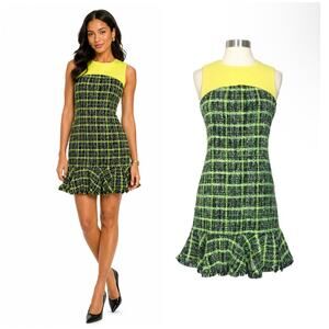 Moschino | Tweed Ruffle Neon Yellow Black Boucle Cheap & Chic Sleeveless Dress 8